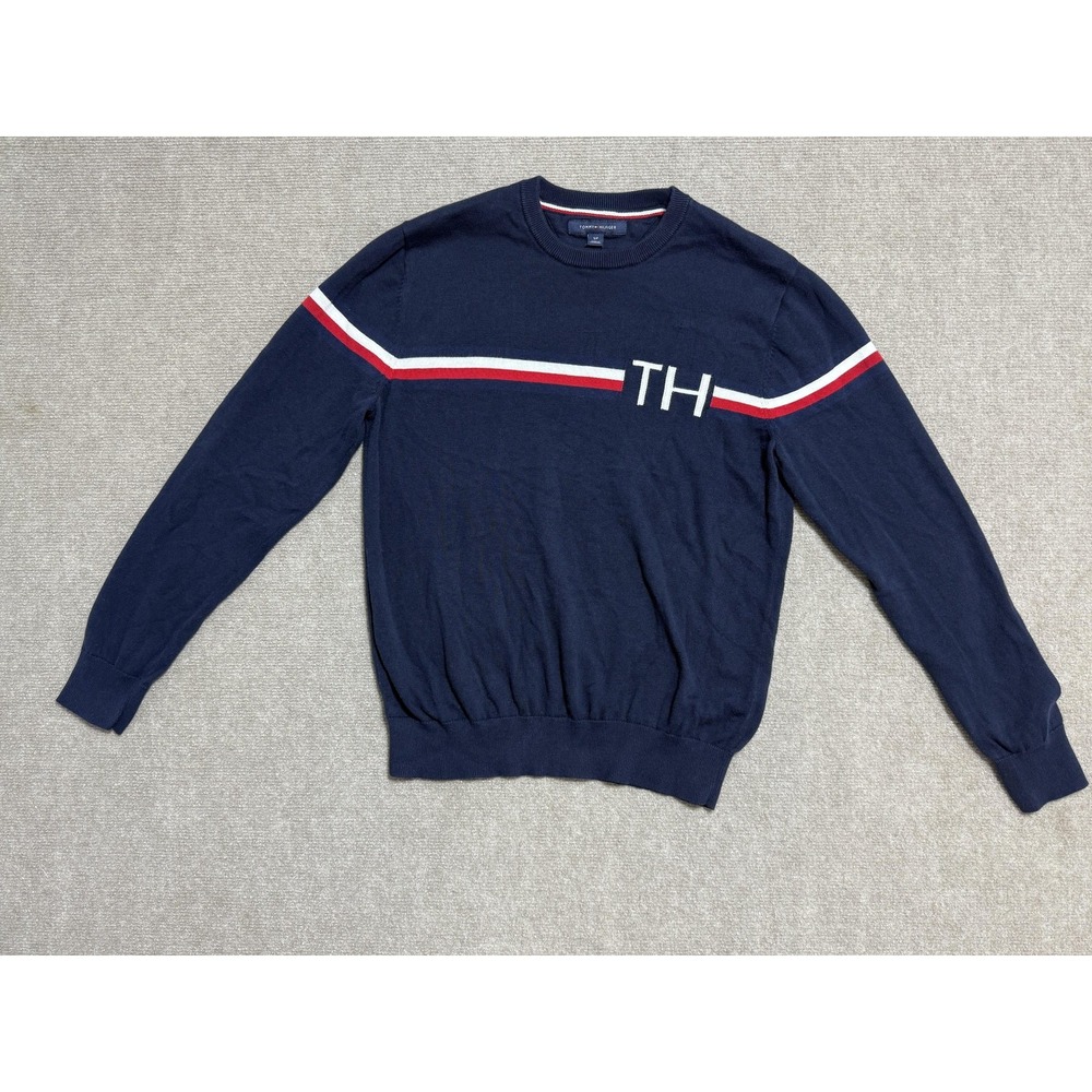 Tommy Hilfiger Sweater Mens Small‎ Navy Blue Crewneck TH Stripe Cotton Pullover